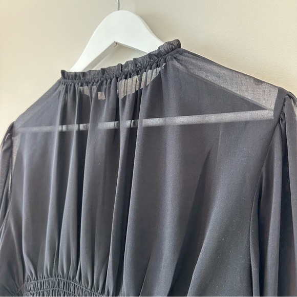 Halogen Smocked Chiffon Blouse Long Statement Sleeve Sheer Date Night Out Black - Picture 8 of 12